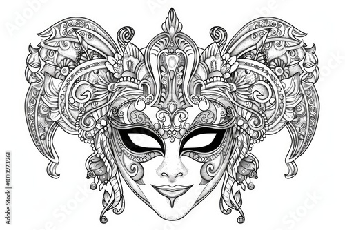 Coloring book illustration of an ornate carnival mask design