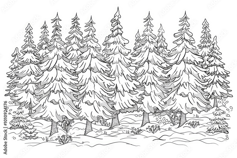 Obraz premium Coloring book illustration of a festive winter scene featuring snowy fir trees