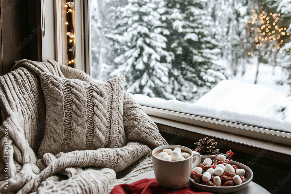 Cozy nook by the window with chunky knit blanket draped over armchair, snowy trees outside decorated with twinkling fairy lights, cup of hot cocoa with marshmallows and plate of Christmas candy on tab Cozy nook by the window with chunky knit blanket draped over armchair, snowy trees outside decorated with twinkling fairy lights, cup of hot cocoa with marshmallows and plate of Christmas candy on tab