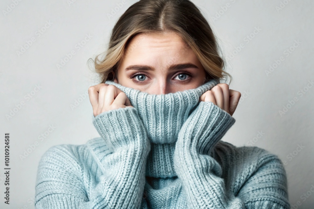 Winter cold. A young woman in a warm knitted blue sweater with a high neck at home. He looks at the camera, covering his sad face. Depression, sadness, loneliness, social phobia. Winter cold. A young woman in a warm knitted blue sweater with a high neck at home. He looks at the camera, covering his sad face. Depression, sadness, loneliness, social phobia.