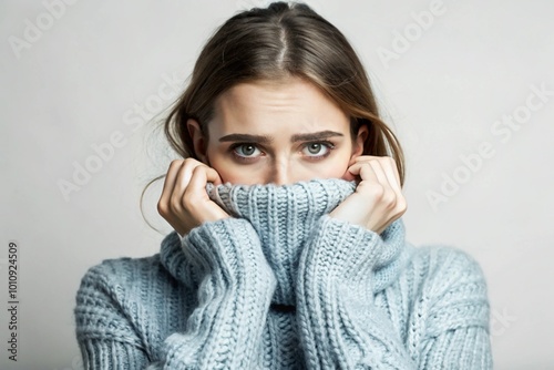 Winter cold. A young woman in a warm knitted blue sweater with a high neck at home. He looks at the camera, covering his sad face. Depression, sadness, loneliness, social phobia. photo