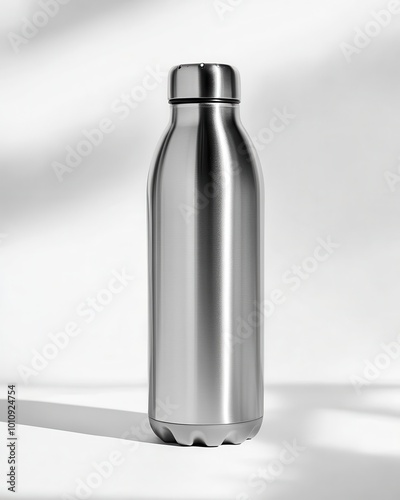 A sleek, stainless steel water bottle standing against a minimalist background.