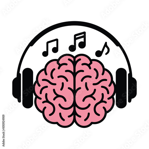 Creative brain with headphone illustration. Music and Neuroscience concept.