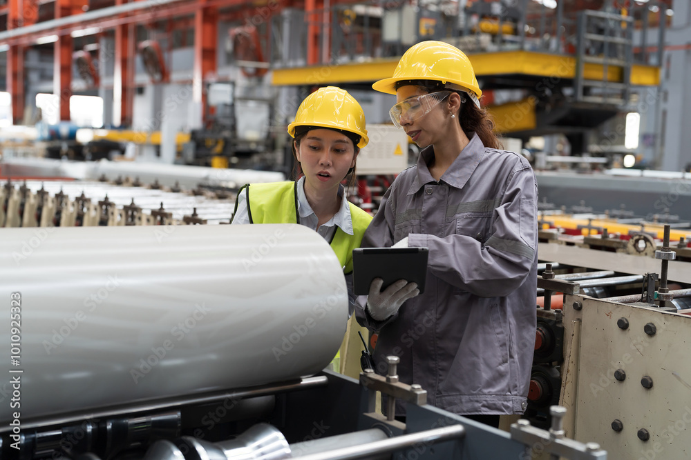 Metalwork or metal sheet manufacturing. Woman factory worker inspecting quality rolls of galvanized or rolls metal sheet. Asian woman worker working and checking rolls stainless steel on conveyor Metalwork or metal sheet manufacturing. Woman factory worker inspecting quality rolls of galvanized or rolls metal sheet. Asian woman worker working and checking rolls stainless steel on conveyor