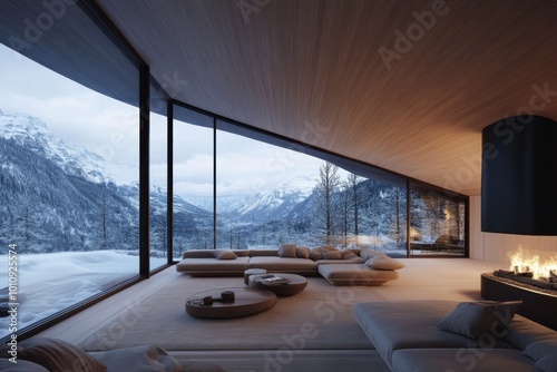 Contemporary living space with minimalist decor, plush seating, and floor-to-ceiling windows framing a vast, picturesque snowy mountain landscape.