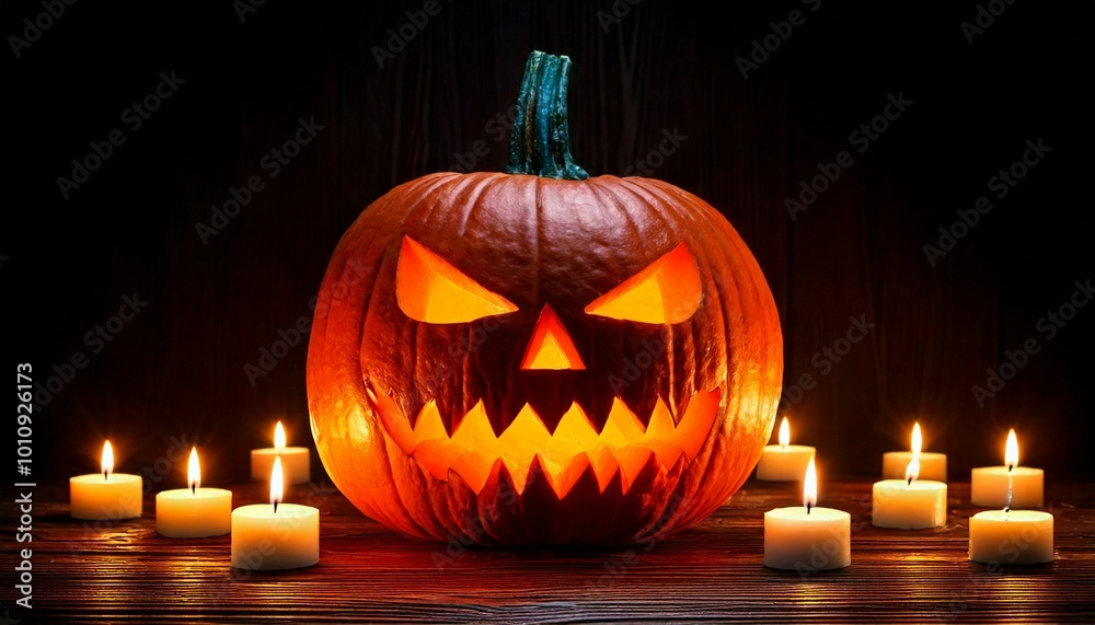 A carved pumpkin radiating an eerie glow, surrounded by flickering candles that enhance the spooky atmosphere, perfect for Halloween A carved pumpkin radiating an eerie glow, surrounded by flickering candles that enhance the spooky atmosphere, perfect for Halloween