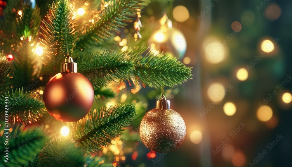 A close-up of beautifully arranged ornaments and sparkling tinsel on a Christmas tree, illuminated by soft glowing lights, creating a warm and festive atmosphere A close-up of beautifully arranged ornaments and sparkling tinsel on a Christmas tree, illuminated by soft glowing lights, creating a warm and festive atmosphere