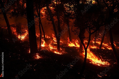 A Night Scene Of A Wildfire With Glowing Orange Flames And Embers Lighting Up The Dark Forest, Natural Disaster, Wildfire Photography, Landscape Photography