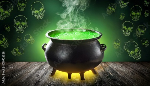 A bubbling cauldron filled with a vibrant green potion, surrounded by floating skulls and flickering shadows, creating a mysterious and eerie atmosphere photo