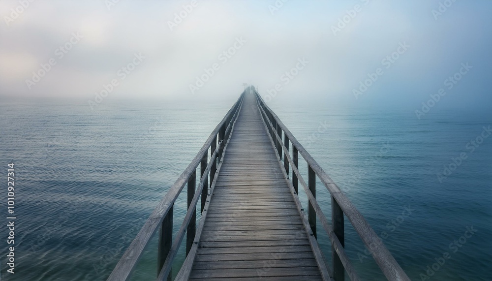 Fototapeta premium A long, weathered pier extends into a fog-covered sea, disappearing into the mist with no visible end, evoking a sense of mystery and endlessness