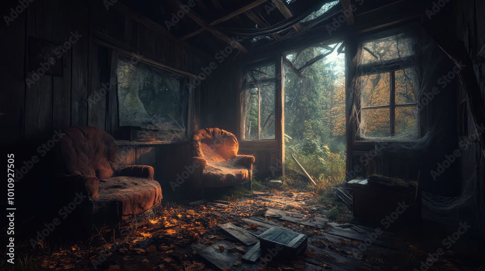 The chilling interior of the haunted wood house is filled with creaking floors, cobweb-covered furniture, and a cold, eerie stillness. The chilling interior of the haunted wood house is filled with creaking floors, cobweb-covered furniture, and a cold, eerie stillness.