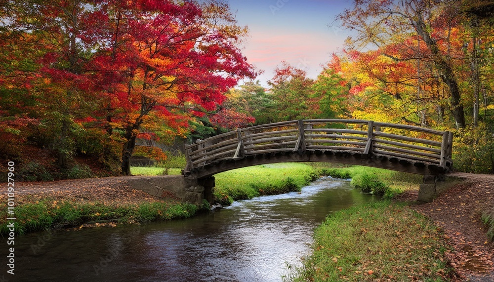 A rustic bridge over a small stream, flanked by colorful autumn foliage on both sides, creating a charming and serene landscape that captures the essence of fall. A rustic bridge over a small stream, flanked by colorful autumn foliage on both sides, creating a charming and serene landscape that captures the essence of fall.