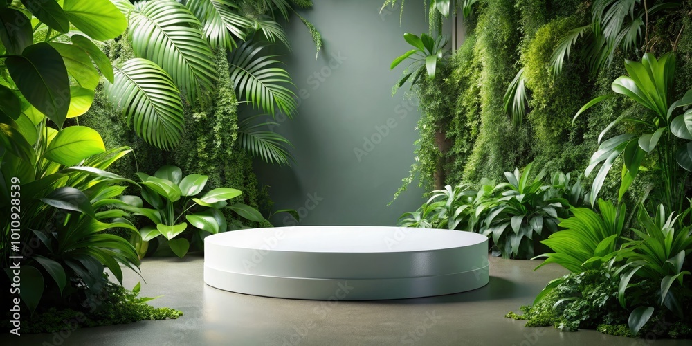 Showcase your circular products on a white podium, surrounded by vibrant green plants, creating an elegant setting ideal for stunning product photography. Showcase your circular products on a white podium, surrounded by vibrant green plants, creating an elegant setting ideal for stunning product photography.