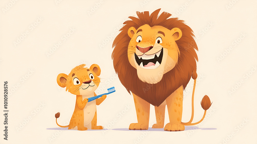 Adorable Mother Lion is teaching her cub how to do brush the teeth, the cute cartoon for the children entertainment Adorable Mother Lion is teaching her cub how to do brush the teeth, the cute cartoon for the children entertainment