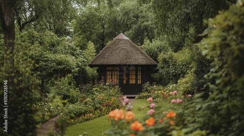 A charming garden scene featuring a thatched-roof cottage amidst vibrant flowers.