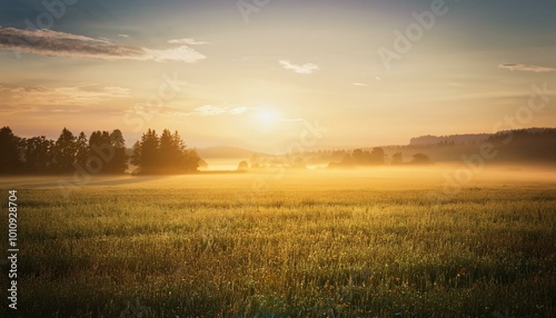 An open field at sunrise, with the first light illuminating a fog-covered landscape, creating a serene and magical scene that welcomes a new day