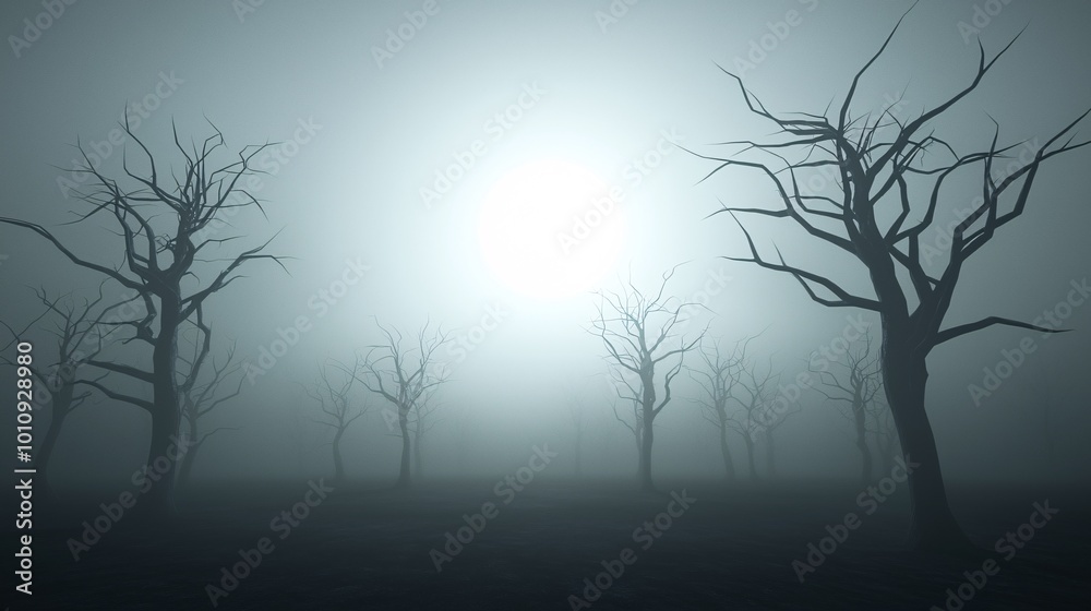 Φωτογραφία A foggy, moonlit night scene in a haunted forest with twisted trees and eerie blue lighting