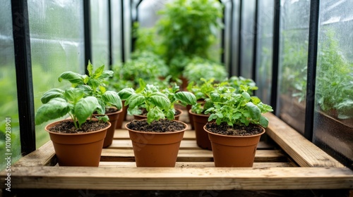 A greenhouse filled with potted plants, showcasing growth and cultivation.