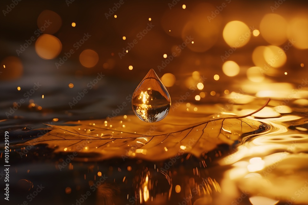 Obraz premium A Single Raindrop Reflecting While Falling Onto a Leaf