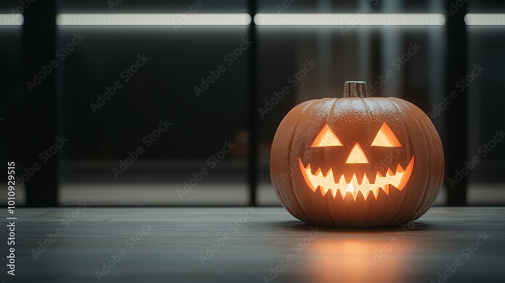 Close-up shot of a carved pumpkin with a flickering candle inside, placed on a wooden table. The face of the jack-o'-lantern is both cute and eerie, casting shadows around the room, creating a Close-up shot of a carved pumpkin with a flickering candle inside, placed on a wooden table. The face of the jack-o'-lantern is both cute and eerie, casting shadows around the room, creating a