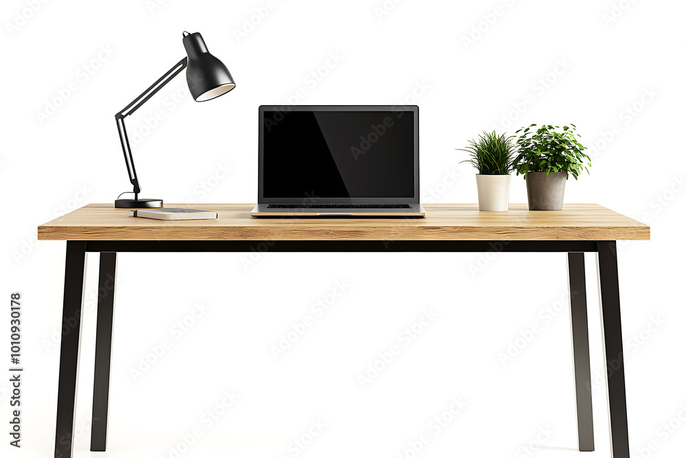 Modern wooden office desk with modern laptop computer isolated on white background