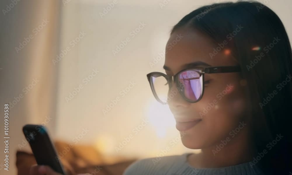 Young woman using her smartphone, with glasses reflecting the screen Young woman using her smartphone, with glasses reflecting the screen