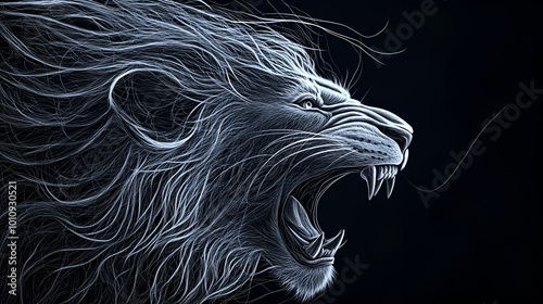 Portrait of a lion, Black and white photo, Studio shot, Lion head with abstract  black and white pattern on black background, Hand drawn  side view of lion head