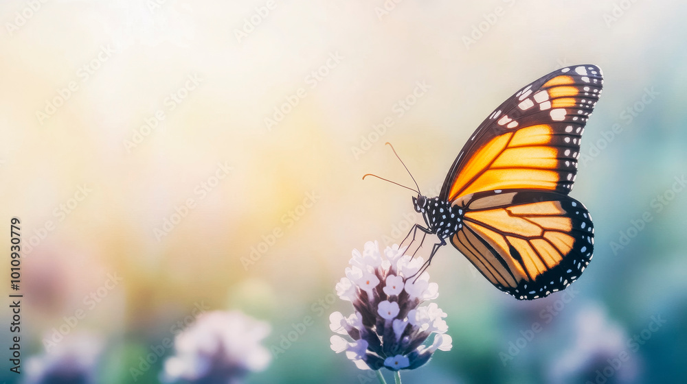 Fototapeta premium Monarch butterfly resting on lavender on a sunny morning - nature tranquility and beauty