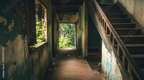 Haunted house hallway with traditional wooden beams, peeling paint, and an unsettling sense of movement.