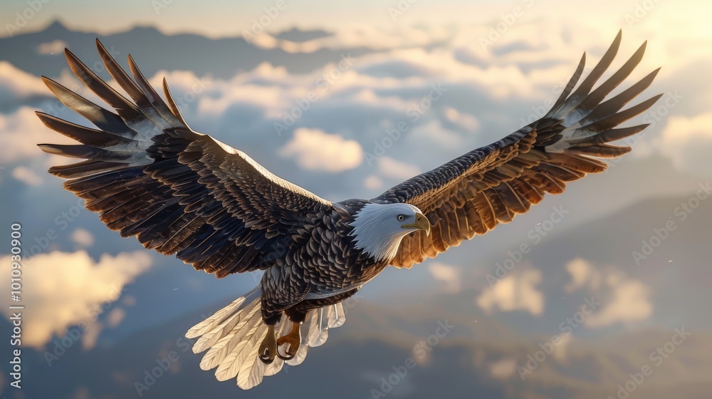 Fototapeta premium Cartoon 3D A magnificent bald eagle soaring high in the sky against a backdrop of clouds. Isolate A white background surrounds the main subject.