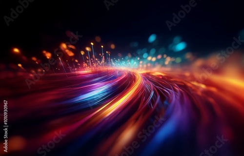 Abstract background with glowing streaks of light in a dark space.