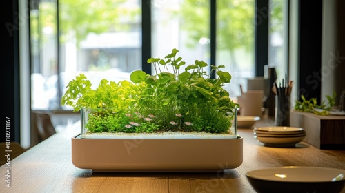 A modern indoor garden with various green plants on a wooden table in a bright setting.