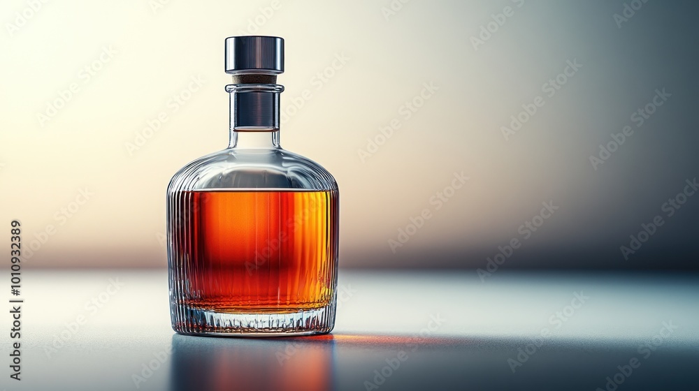 A glass decanter filled with amber-colored whiskey.