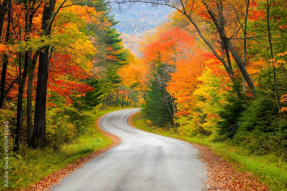 Obraz premium A Winding Road Through the Colorful Foliage of an Autumn Forest, Leaves on Both Sides of It in Various Shades of Orange and Red, Trees Surrounding the Path, Landscape Photography