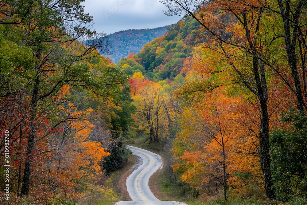 A Winding Road Through the Colorful Foliage of an Autumn Forest, Leaves on Both Sides of It in Various Shades of Orange and Red, Trees Surrounding the Path, Landscape Photography A Winding Road Through the Colorful Foliage of an Autumn Forest, Leaves on Both Sides of It in Various Shades of Orange and Red, Trees Surrounding the Path, Landscape Photography
