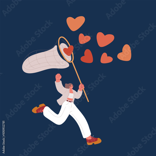 Cartoon vector illustration of a woman running and catching hearts with a scoop, symbolizing an influencer or blogger seeking love and engaging with dating services over dark background