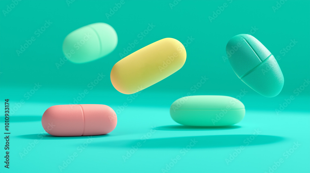 Colorful pharmaceutical capsules floating in mid-air. Concept of modern medicine, healthcare innovation, pharmaceuticals, drug development, supplements, and medication advancements. Colorful pharmaceutical capsules floating in mid-air. Concept of modern medicine, healthcare innovation, pharmaceuticals, drug development, supplements, and medication advancements.