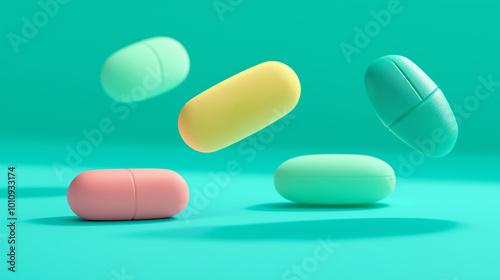 Colorful pharmaceutical capsules floating in mid-air. Concept of modern medicine, healthcare innovation, pharmaceuticals, drug development, supplements, and medication advancements.