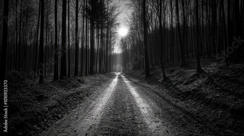 A serene, black-and-white forest path leading towards a bright sun in the distance.