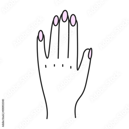 Female Hand with Manicure Doodle. Line art Polished nails symbol sign. Isolated vector illustration.