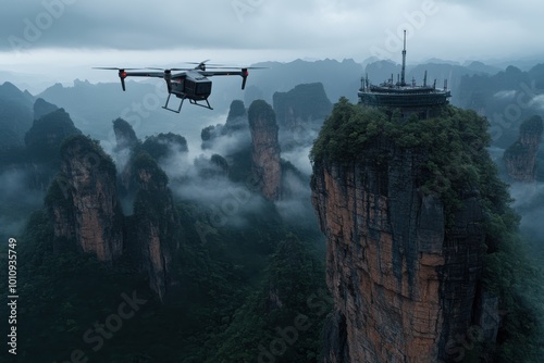 A drone captures a breathtaking aerial view of misty forests and sheer rock formations, revealing the raw beauty and mystery of a rugged, untouched landscape. photo