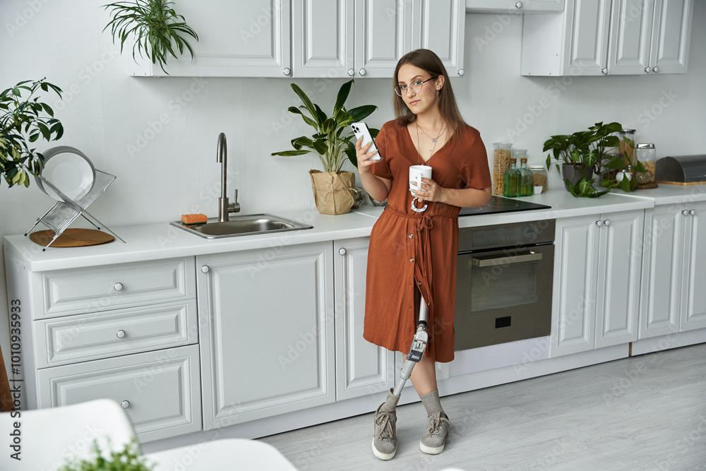 A woman with a prosthetic leg stands in a modern kitchen, holding a phone and a cup of coffee. A woman with a prosthetic leg stands in a modern kitchen, holding a phone and a cup of coffee.
