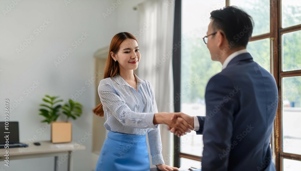 Business Professional Engaging in Handshake at Modern Office During Daytime Meeting Business Professional Engaging in Handshake at Modern Office During Daytime Meeting