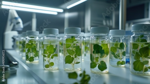 Laboratory setting with jars containing plant cuttings in water for growth and study.