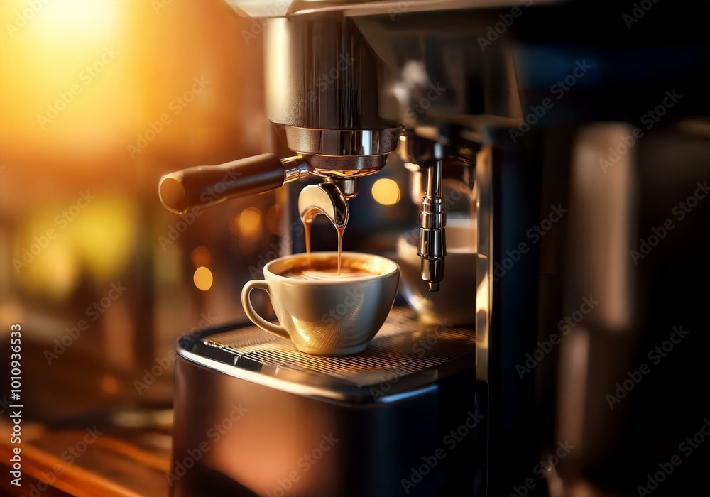 Espresso machine pours hot coffee into a white cup. Espresso machine pours hot coffee into a white cup.
