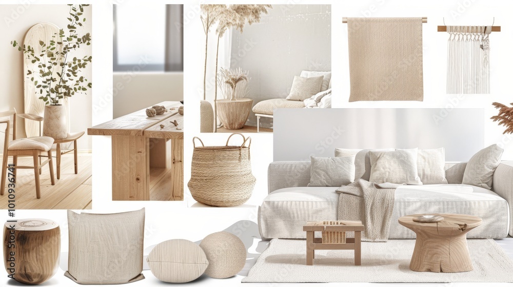 A carefully curated moodboard highlights Scandinavian design elements, featuring cozy furniture, natural materials, and a soothing color palette for interior inspiration A carefully curated moodboard highlights Scandinavian design elements, featuring cozy furniture, natural materials, and a soothing color palette for interior inspiration
