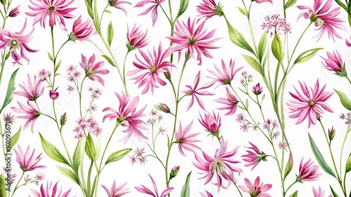 Wallpaper Mural Delicate pink Ragged Robin wildflowers create a charming watercolor seamless pattern on a white backdrop, perfect for Torontodigital.ca