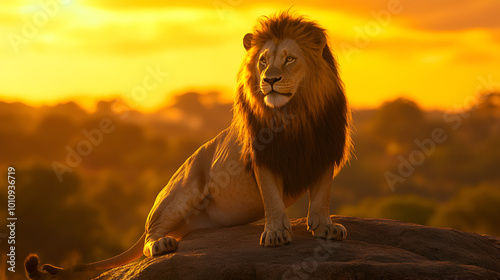 Lion sitting on the rock and looking at the sunset in the savannah, The Lion King sunset view, a stunning nature-inspired artwork featuring a majestic lion in its natural habitat, bathed in warm sun