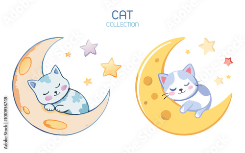 Set Of Cute Cat Sleep On Moon Vector Illustration