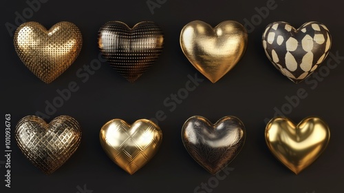 A group of eight uniquely designed gold hearts, each featuring different textures and patterns, displayed on a dark surface to emphasize their artistic beauty photo